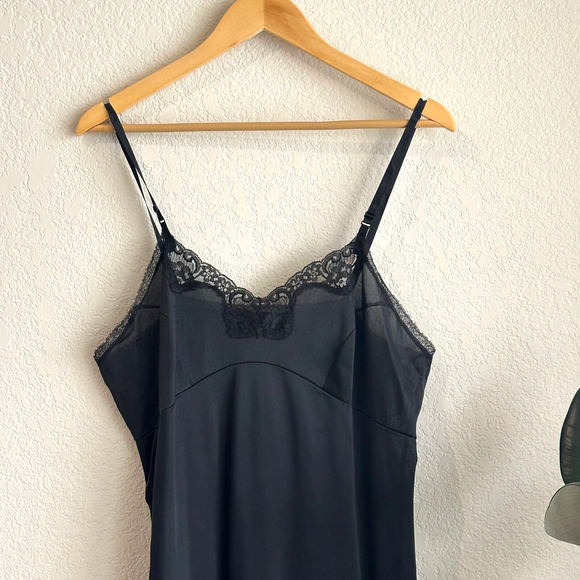 Vintage Womens Adonna Black Slip Dress 40/M Satin/Lace Lingerie Union Made USA - Picture 2 of 8